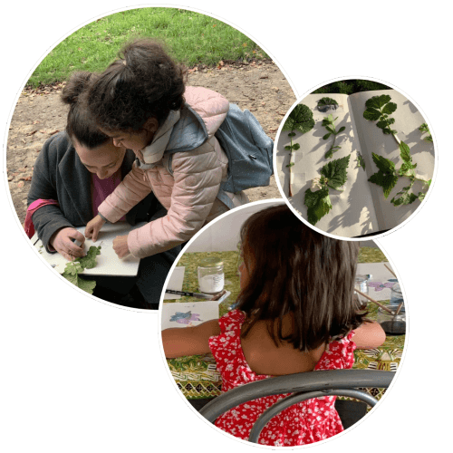 Une mère et sa fille rassemblent des feuilles sur une page, avec des illustrations de feuilles en arrière-plan. La fille au premier plan porte une robe rouge.