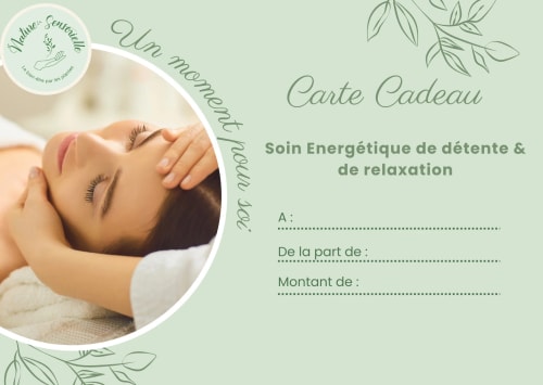 Image d'une carte cadeau pour un soin énergétique de détente et de relaxation, avec l'inscription 'Un moment pour soi' et des espaces vides pour le destinataire, l'expéditeur et le montant.
