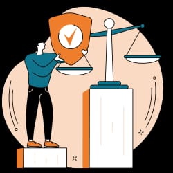 Un homme debout sur une plate-forme tenant un bouclier avec un signe de validation, à côté d'une balance de justice, sur fond clair.