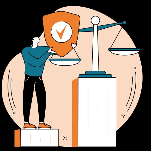 Un homme debout sur une plate-forme tenant un bouclier avec un signe de validation, à côté d'une balance de justice, sur fond clair.