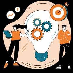 Une illustration représentant une ampoule avec des rouages à l'intérieur, entourée de graphiques de croissance et d'une cible. Deux personnages, un homme et une femme, sont présentés en train de discuter, l'homme avec une expression pensive et la femme pointant vers l'ampoule.