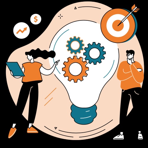 Une illustration représentant une ampoule avec des rouages à l'intérieur, entourée de graphiques de croissance et d'une cible. Deux personnages, un homme et une femme, sont présentés en train de discuter, l'homme avec une expression pensive et la femme pointant vers l'ampoule.