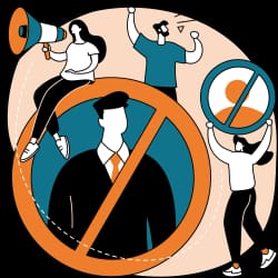 Illustration représentant un groupe de personnes s'opposant à une autorité symbolisée par une silhouette en costume, avec des éléments tels qu'un mégaphone et des pancartes.