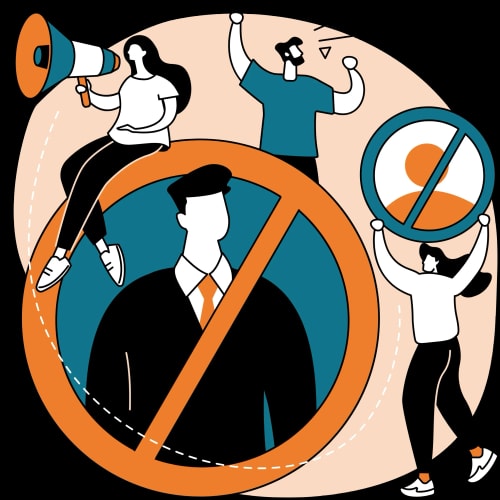 Illustration représentant un groupe de personnes s'opposant à une autorité symbolisée par une silhouette en costume, avec des éléments tels qu'un mégaphone et des pancartes.