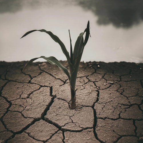 Une pousses émergeant du sol craquelé près d'un plan d'eau, illustrant la résilience de la nature face à la sécheresse.