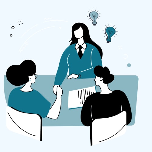 Deux personnes se serrant la main avec un professionnel en costume devant elles, des ampoules brillantes au-dessus, évoquant une discussion d'idées.