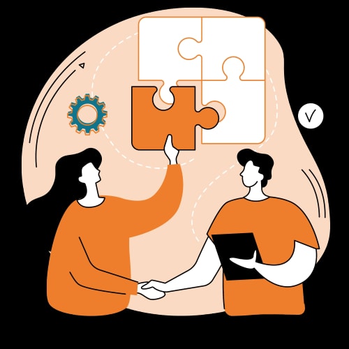 Une illustration représentant deux personnes, l'une tenant une pièce de puzzle orange et l'autre tenant un bloc-notes. Un engrenage et des formes de puzzle sont également visibles en arrière-plan.