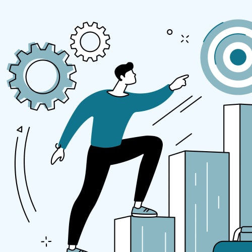 Un homme debout sur une marche, pointant vers une cible, entouré de rouages et de graphiques croissants, symbolisant la croissance et les objectifs.