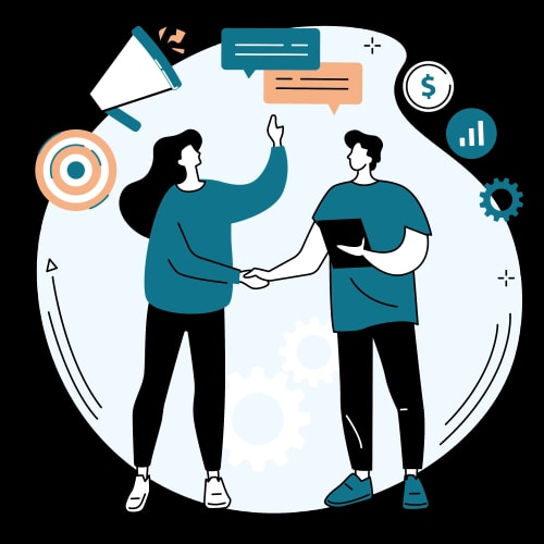 Une illustration montrant deux personnes en train de se serrer la main, avec des icônes de communication et de succès financier en arrière-plan.