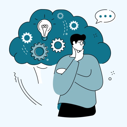 Illustration d'une personne pensive avec une main sur le menton, devant un nuage de pensée contenant une ampoule et des engrenages.