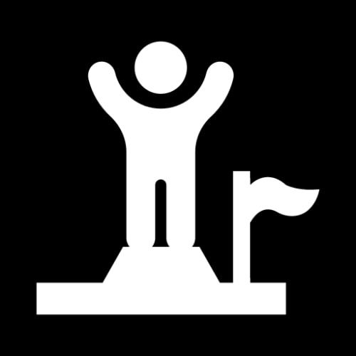 Icône représentant une personne célébrant avec des bras levés à côté d'un drapeau, représentant la victoire.