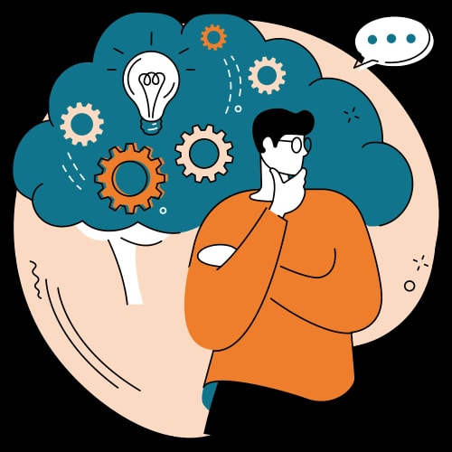 Une illustration d'un homme pensif avec des engrenages, symbolisant la créativité et la réflexion, sur un fond clair.