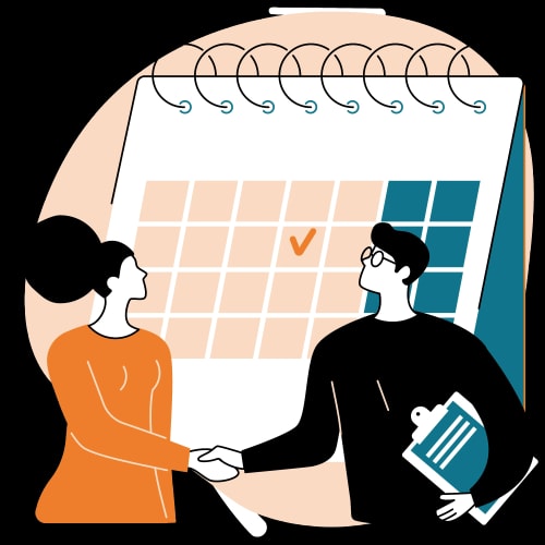 Deux personnes se serrent la main devant un calendrier avec une case cochée.