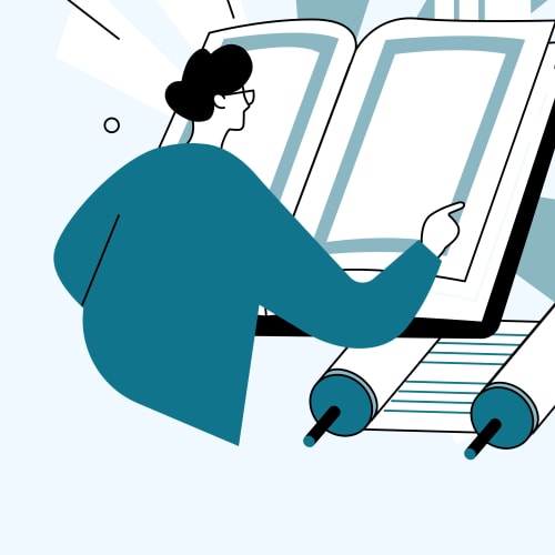 Une personne avec des lunettes tenant un livre ouvert, entourée de lignes et de formes abstraites.