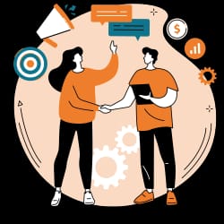 Deux personnes se serrent la main, l'une levant la main comme pour parler. Des éléments graphiques comme des bulles de dialogue, des cibles et des icônes financières entourent la scène.