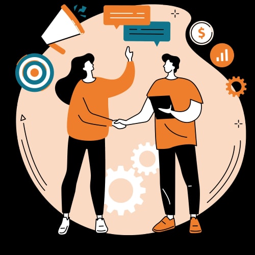 Deux personnes se serrent la main, l'une levant la main comme pour parler. Des éléments graphiques comme des bulles de dialogue, des cibles et des icônes financières entourent la scène.