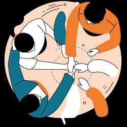 Illustration d'un groupe de personnes se rejoignant les mains au centre, symbolisant la collaboration et le travail d'équipe.