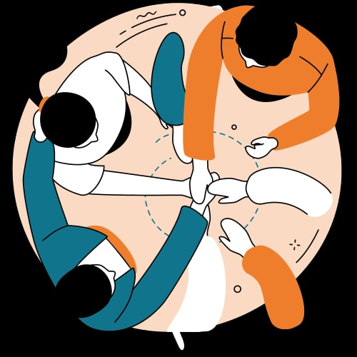 Illustration d'un groupe de personnes se rejoignant les mains au centre, symbolisant la collaboration et le travail d'équipe.