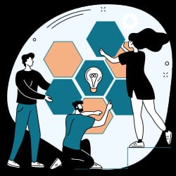 Trois personnes interagissent avec des hexagones colorés, l'une collant des formes, une autre ajustant une ampoule au centre, sur un fond léger.