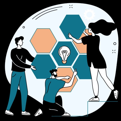 Trois personnes interagissent avec des hexagones colorés, l'une collant des formes, une autre ajustant une ampoule au centre, sur un fond léger.