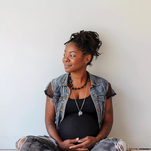 Une femme enceinte noire avec des dreadlocks, assise en tailleur contre un mur blanc, portant un haut noir, un gilet en jean sans manches et des bijoux, le regard tourné sur le côté en souriant.