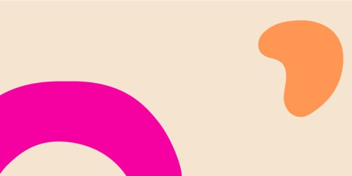 Des formes abstraites de couleurs orange, rose fuchsia et bordeaux sur un fond beige.