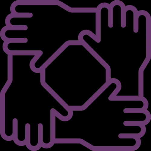 Quatre mains reliées par les poignets formant un carré, symbolisant la collaboration et l'unité.