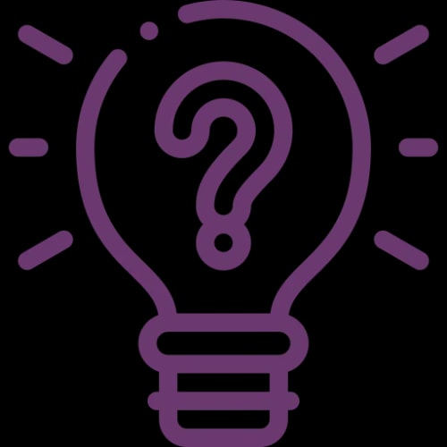 Ampoule stylisée violette avec un point d'interrogation au centre, symbolisant une idée ou une question.