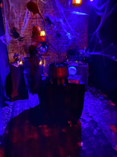 Décorations d'Halloween avec une ambiance sombre et bleue, comprenant une grande toile d'araignée, un chaudron, des bougies allumées, un crâne humain, des oiseaux artificiels et des objets mystérieux sur des tables contre un mur en briques.