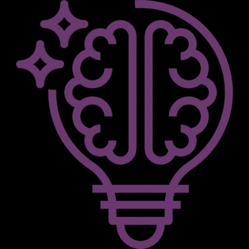 Icône d'une ampoule intégrant un cerveau stylisé avec des étincelles, symbolisant une idée ou la créativité.