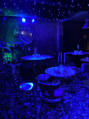 Décorations d'Halloween avec une ambiance sombre et bleue, comprenant une grande toile d'araignée, un chaudron, des bougies allumées, un crâne humain, des oiseaux artificiels et des objets mystérieux sur des tables contre un mur en briques.