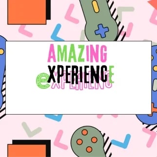 Illustration colorée avec des manettes de jeu vidéo et le texte 'AMAZING EXPERIENCE' en lettres multicolores sur fond blanc.