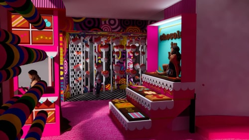 Intérieur coloré et vibrant avec des décorations de cupcakes suspendus, une structure rose avec des motifs de gâteaux et une personne assise sur une estrade décorée. Une autre personne est visible à l'arrière-plan, regardant un téléphone.