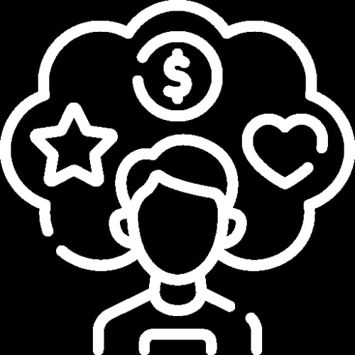 Icône représentant un visage humain avec une montre, une ampoule allumée et un cœur autour, symbolisant la gestion du temps, les idées et l'empathie.