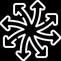 symbole représentant huit flèches blanches pointant dans différentes directions à partir d'un centre commun sur un fond noir