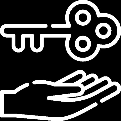 Icône représentant une clé au-dessus d'une main ouverte, symbolisant la remise ou la réception d'une clé.