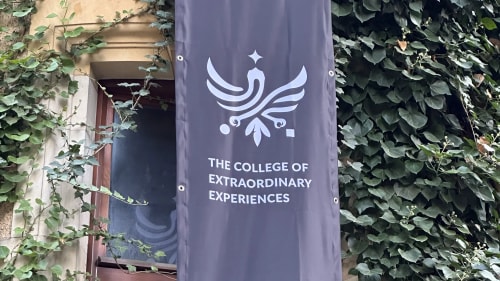 Bannière noire avec un logo stylisé d'oiseau blanc et le texte en anglais : "THE COLLEGE OF EXTRAORDINARY EXPERIENCES", accrochée devant un mur recouvert de lierre et une fenêtre partiellement visible.