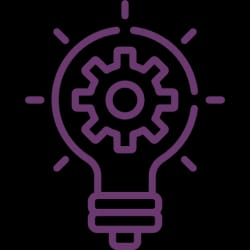 Icône d'ampoule avec un engrenage au centre, symbolisant une idée ou une solution technique.