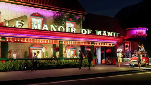 Façade lumineuse du restaurant Le Manoir de Mamie avec des groupes de personnes devant et des ballons colorés, scène de nuit animée avec une voiture rouge garée et des passants.