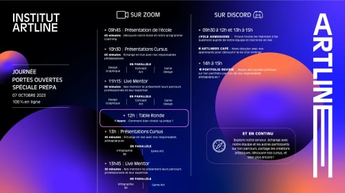 Programme de la journée portes ouvertes spéciale prépa de l'Institut Artline, 7 octobre 2023, 100% en ligne, avec horaires et détails des présentations sur Zoom et Discord.