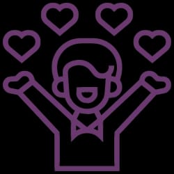 Personne joyeuse avec les bras levés entourée de cœurs symbolisant l'amour ou la satisfaction