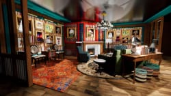 Salon vintage coloré avec cheminée allumée, fauteuils, canapé vert, tapis rond et tapis rouge, murs ornés de nombreuses peintures encadrées, table en bois avec livres et lampes, et poufs tressés sur un sol en parquet.