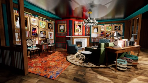 Salon vintage coloré avec cheminée allumée, fauteuils, canapé vert, tapis rond et tapis rouge, murs ornés de nombreuses peintures encadrées, table en bois avec livres et lampes, et poufs tressés sur un sol en parquet.