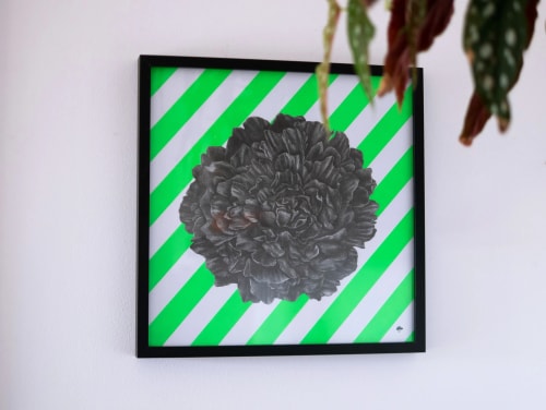 Collage coloré sur fond noir représentant une grande fleur stylisée, des feuilles et le mot AMOUR écrit en lettres vertes. Style artistique abstrait et découpé.