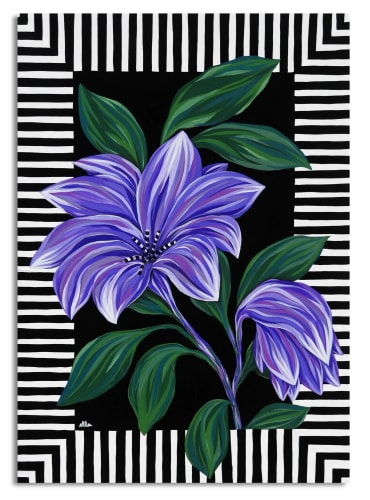 Une peinture aux couleurs vives représentant des fleurs tropicales roses, rouges et orange contrastant avec un feuillage vert sur un fond noir.