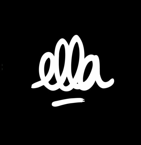 Logo écrit en lettres cursives blanches sur fond noir, formant le mot « ella » surmonté d'un trait horizontal.