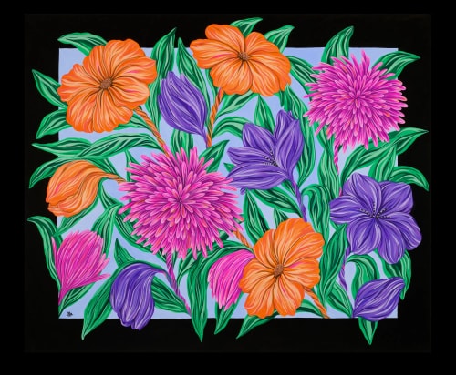Une peinture aux couleurs vives représentant des fleurs tropicales roses, rouges et orange contrastant avec un feuillage vert sur un fond noir.