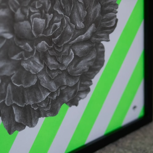 Une peinture aux couleurs vives représentant des fleurs tropicales roses, rouges et orange contrastant avec un feuillage vert sur un fond noir.