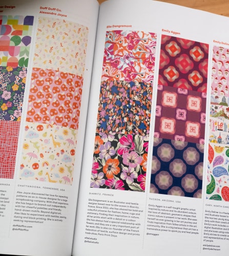 Page ouverte d'un livre présentant des échantillons de motifs graphiques colorés et des biographies d'illustrateurs.