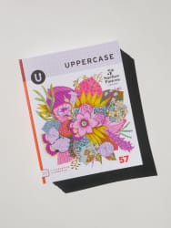 Cover of Uppercase magazine issue 57, illustrated with a colorful and richly detailed floral bouquet in pink, yellow and purple tones, on a white background.